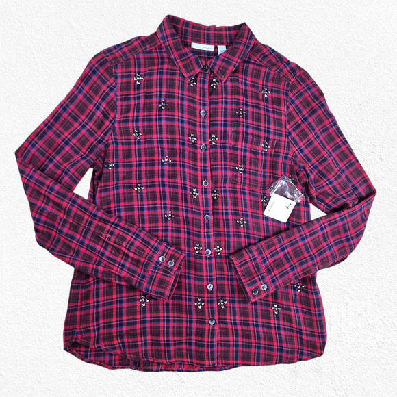 Halogen Embellished Plaid Button Down Shirt Red Jewel Detail Flannel Size Medium - Picture 2 of 12